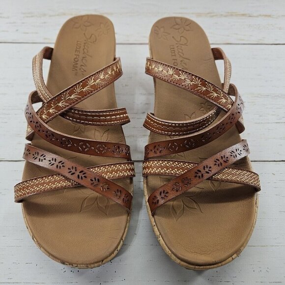 Skechers Womens Size 11 Beverlee Tiger Posse Brown Laser Cut‎ Open Toe Wedges - Picture 3 of 11